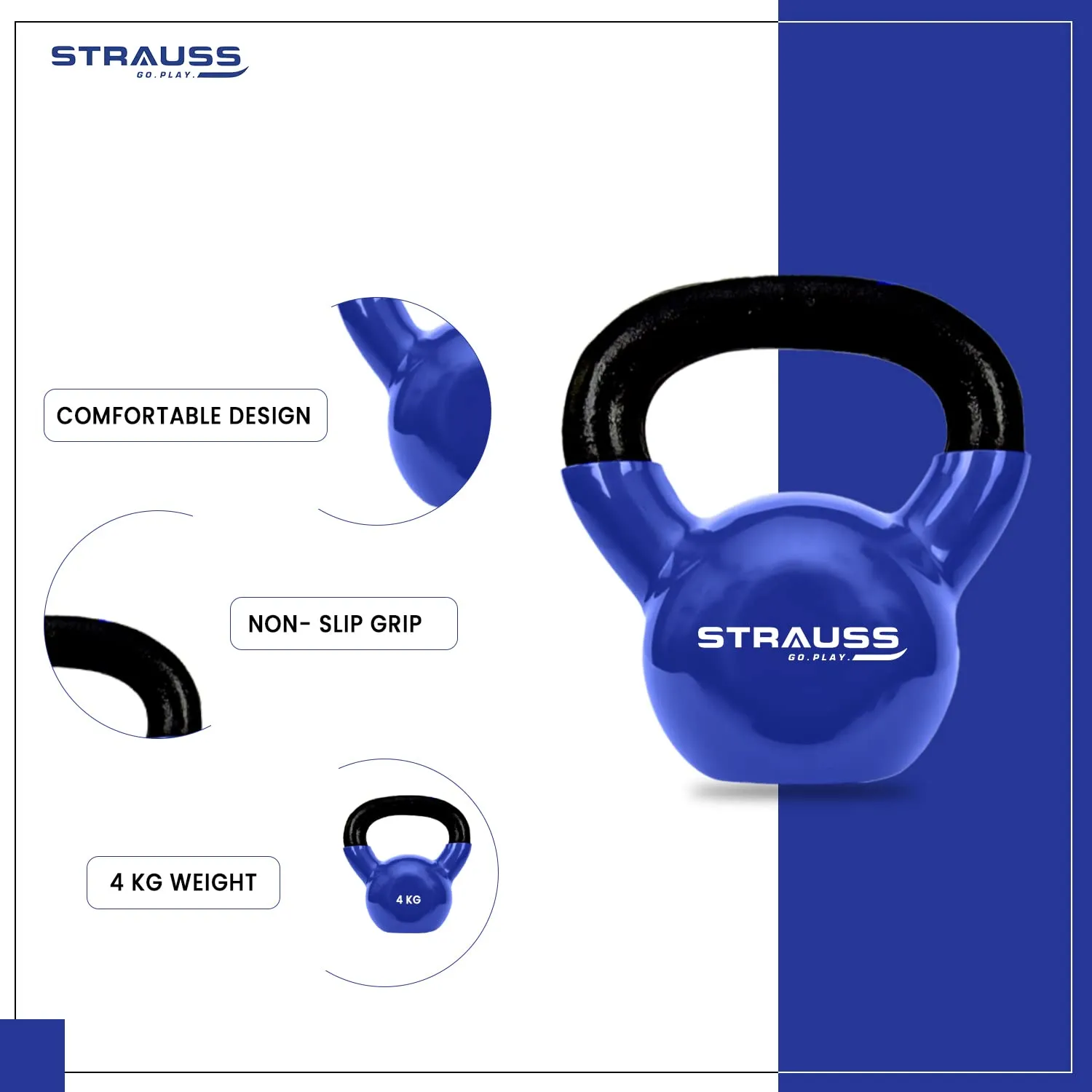 Strauss Premium Vinyl Kettlebell Weight for Men & Women | 8 Kg | Ideal for Home Workout, Yoga, Pilates, Gym Exercises | Non-Slip, Easy to Hold, Scratch Resistant (Blue)