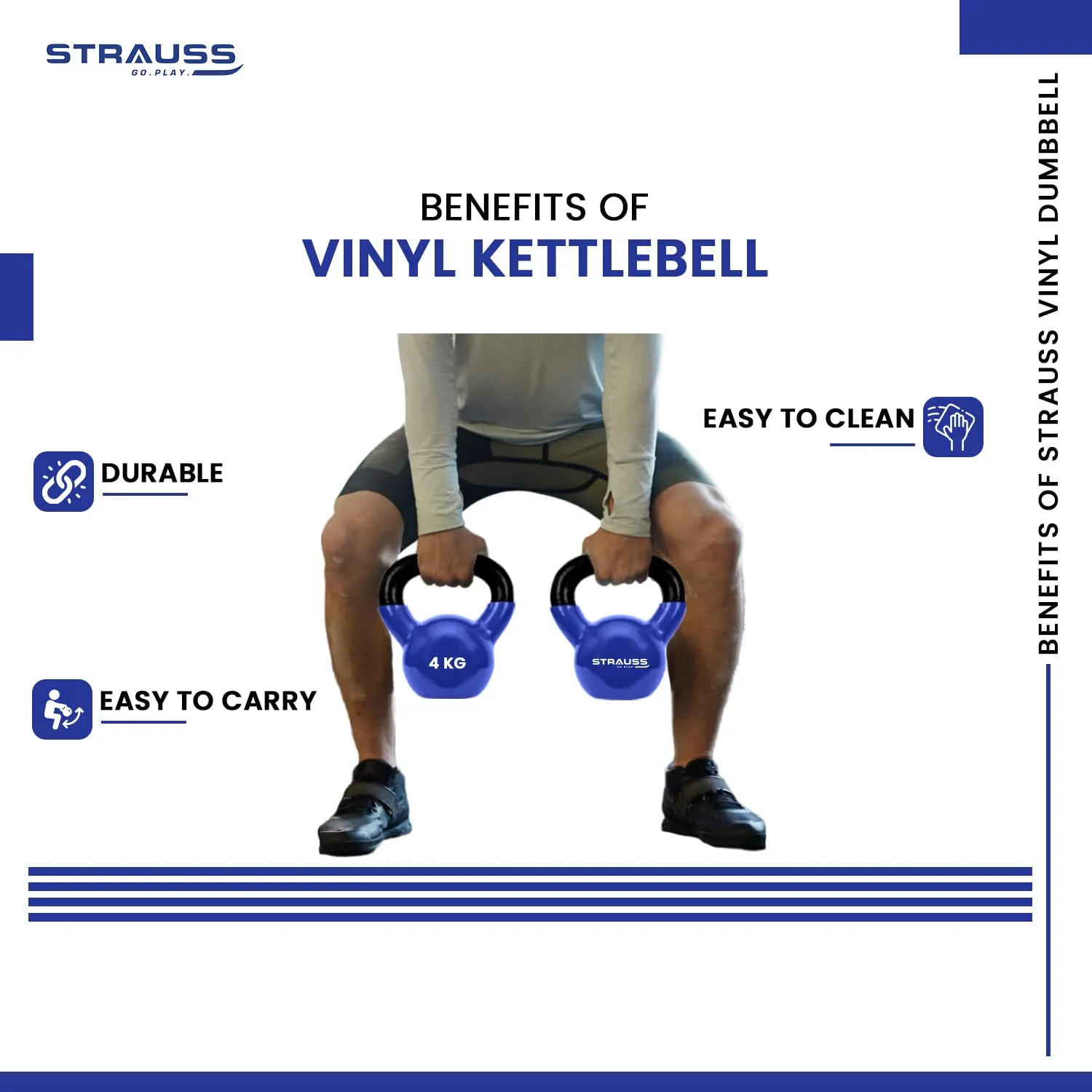 Strauss Premium Vinyl Kettlebell Weight for Men & Women | 8 Kg | Ideal for Home Workout, Yoga, Pilates, Gym Exercises | Non-Slip, Easy to Hold, Scratch Resistant (Blue)