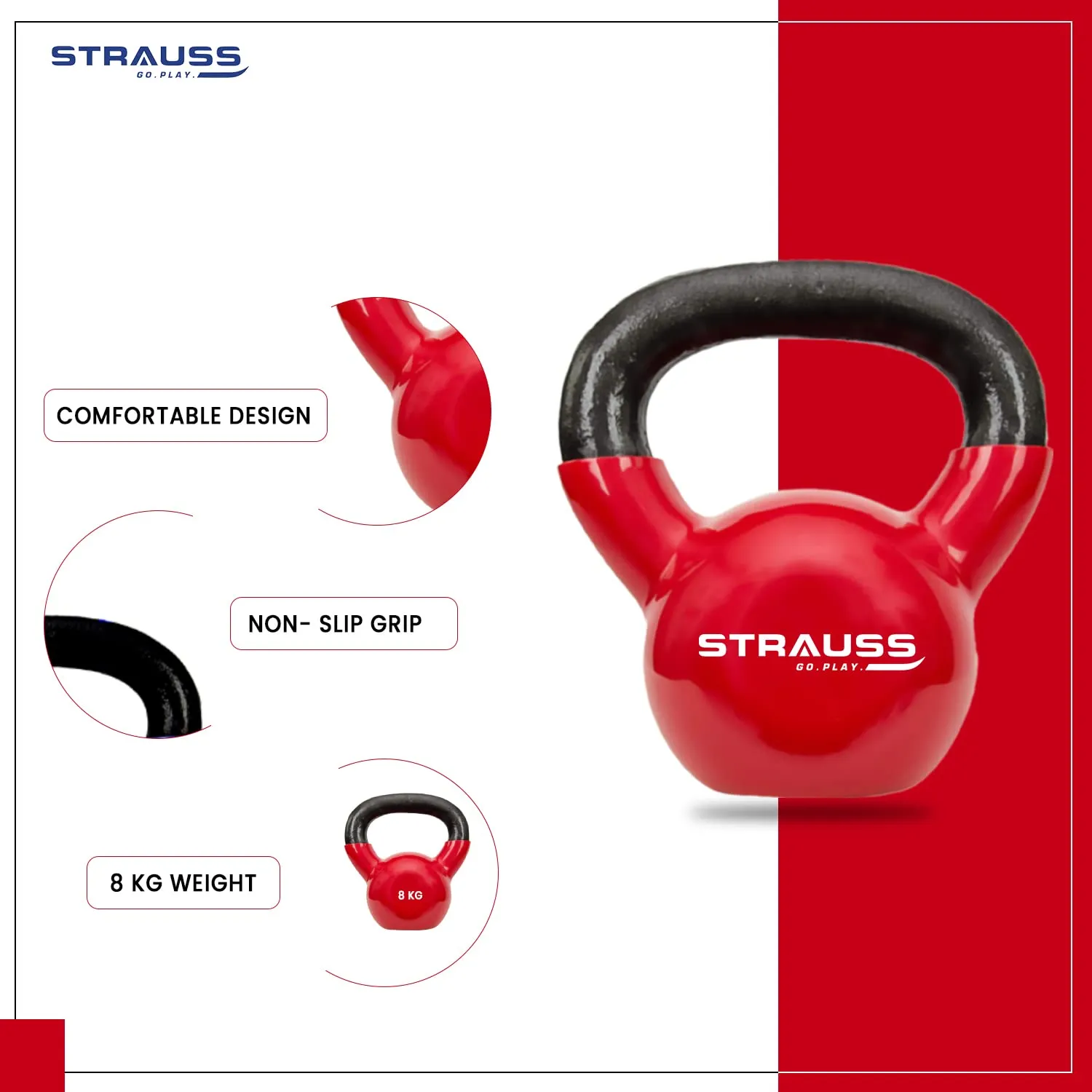 Strauss Premium Vinyl Kettlebell Weight for Men & Women | 8 Kg | Ideal for Home Workout, Yoga, Pilates, Gym Exercises | Non-Slip, Easy to Hold, Scratch Resistant (Red)