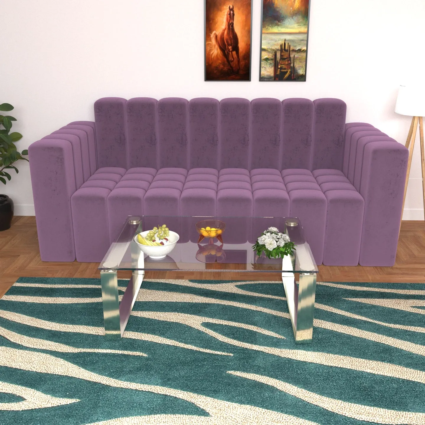 Strip Style Dark Violet Shaded Wooden 3 Seater Sofa