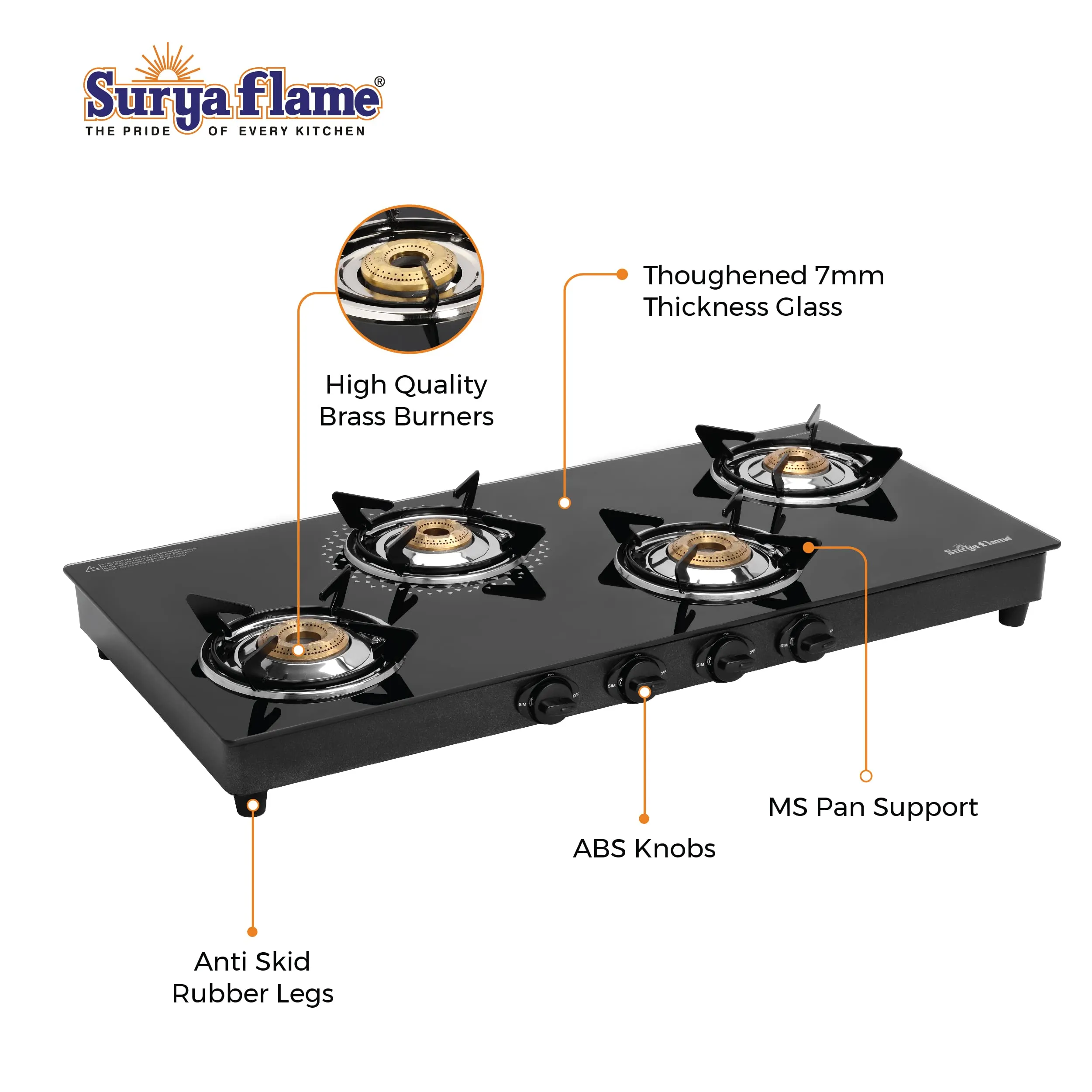 Surya Flame Lifestyle LPG Gas Stove 4-Burner Glass Top Stove Manual Ignition, Pan Support Powder-Coated Black Body, 6mm Toughened Glass Top 2-Year doorstep Warranty including glass