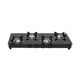 Surya Flame Lifestyle LPG Gas Stove 4-Burner Glass Top Stove Manual Ignition, Pan Support Powder-Coated Black Body, 6mm Toughened Glass Top 2-Year doorstep Warranty including glass