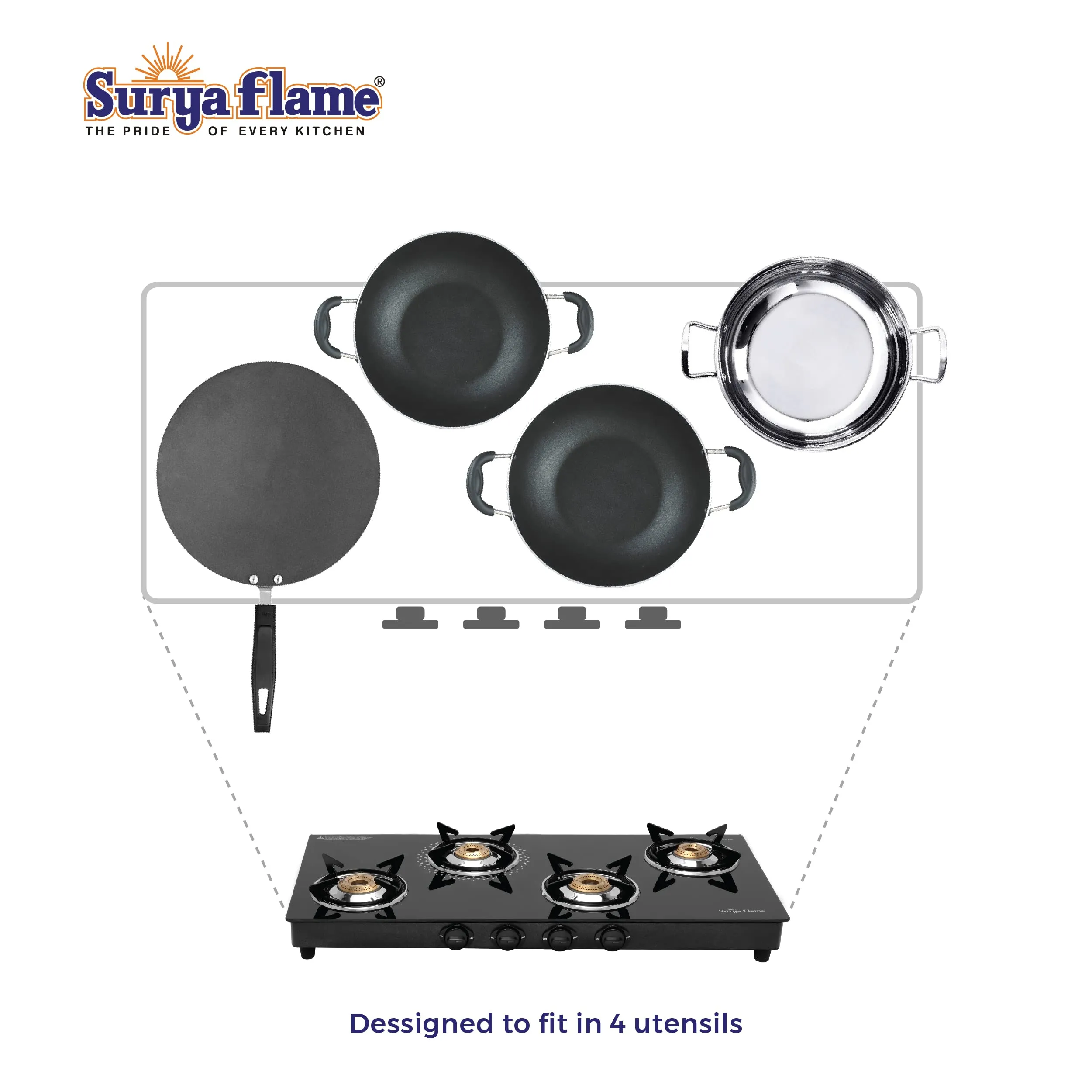 Surya Flame Lifestyle LPG Gas Stove 4-Burner Glass Top Stove Manual Ignition, Pan Support Powder-Coated Black Body, 6mm Toughened Glass Top 2-Year doorstep Warranty including glass