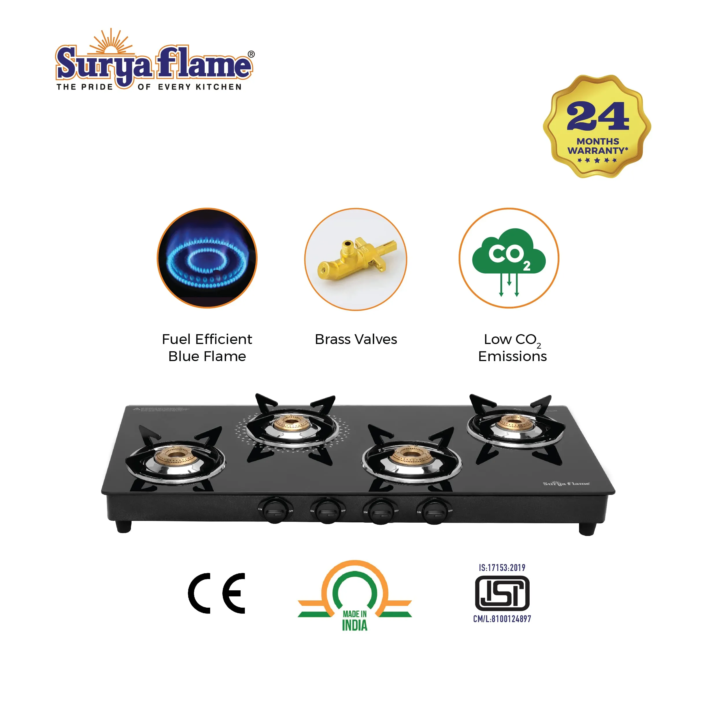 Surya Flame Lifestyle LPG Gas Stove 4-Burner Glass Top Stove Manual Ignition, Pan Support Powder-Coated Black Body, 6mm Toughened Glass Top 2-Year doorstep Warranty including glass