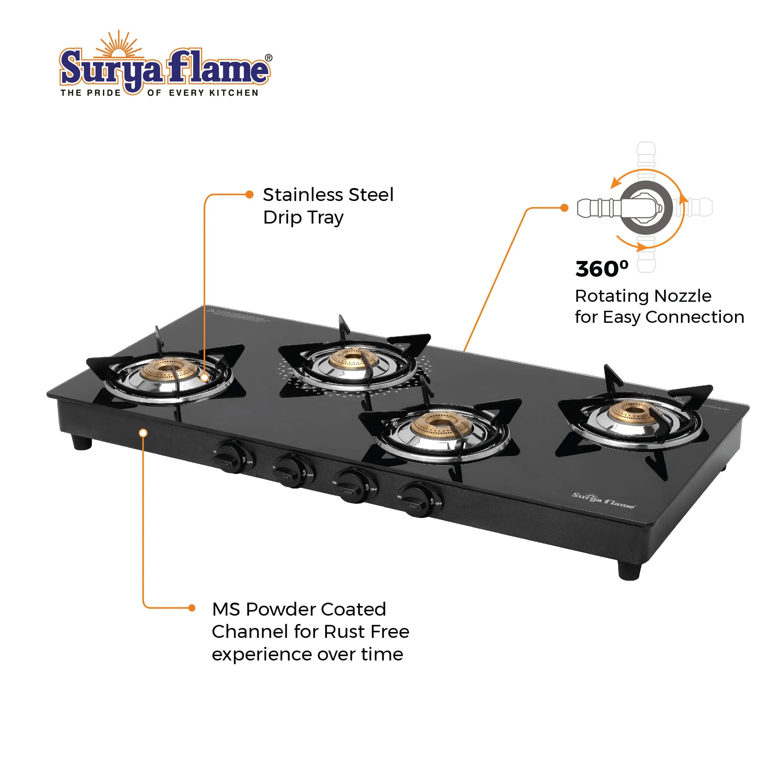 Surya Flame Lifestyle LPG Gas Stove 4-Burner Glass Top Stove Manual Ignition, Pan Support Powder-Coated Black Body, 6mm Toughened Glass Top 2-Year doorstep Warranty including glass