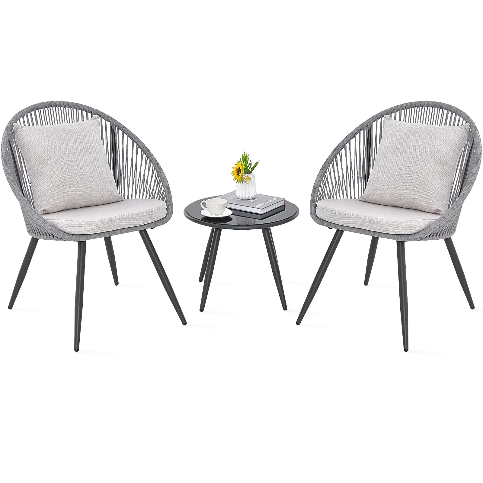 Tangkula 3 Piece Patio Furniture Set, Balcony Chair Set with Seat & Back Cushions, Tempered Glass Tabletop (Gray)