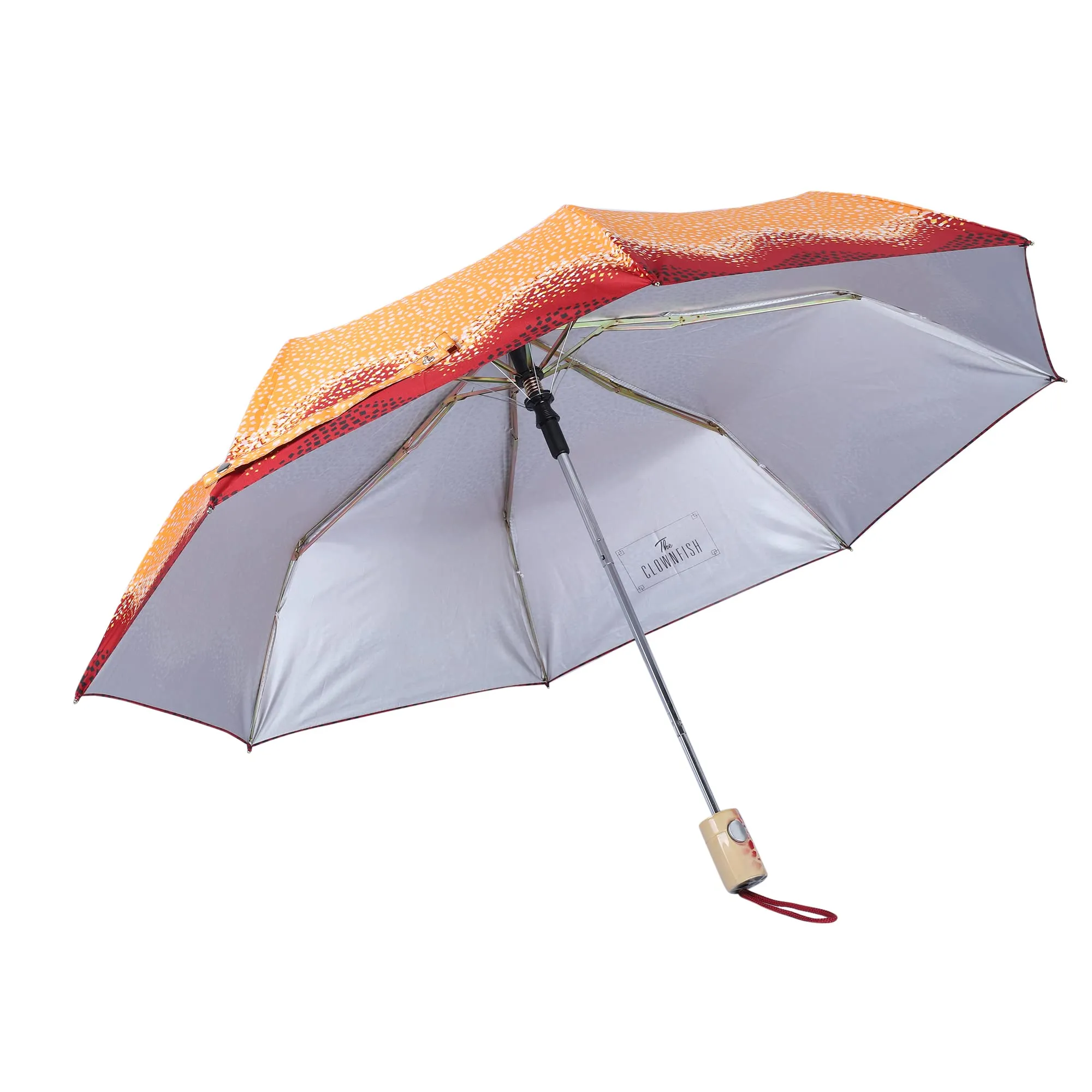 THE CLOWNFISH Umbrella 3 Fold Auto Open Waterproof Pongee Double Coated Silver Lined Umbrellas For Men and Women (Printed Design- Orange)