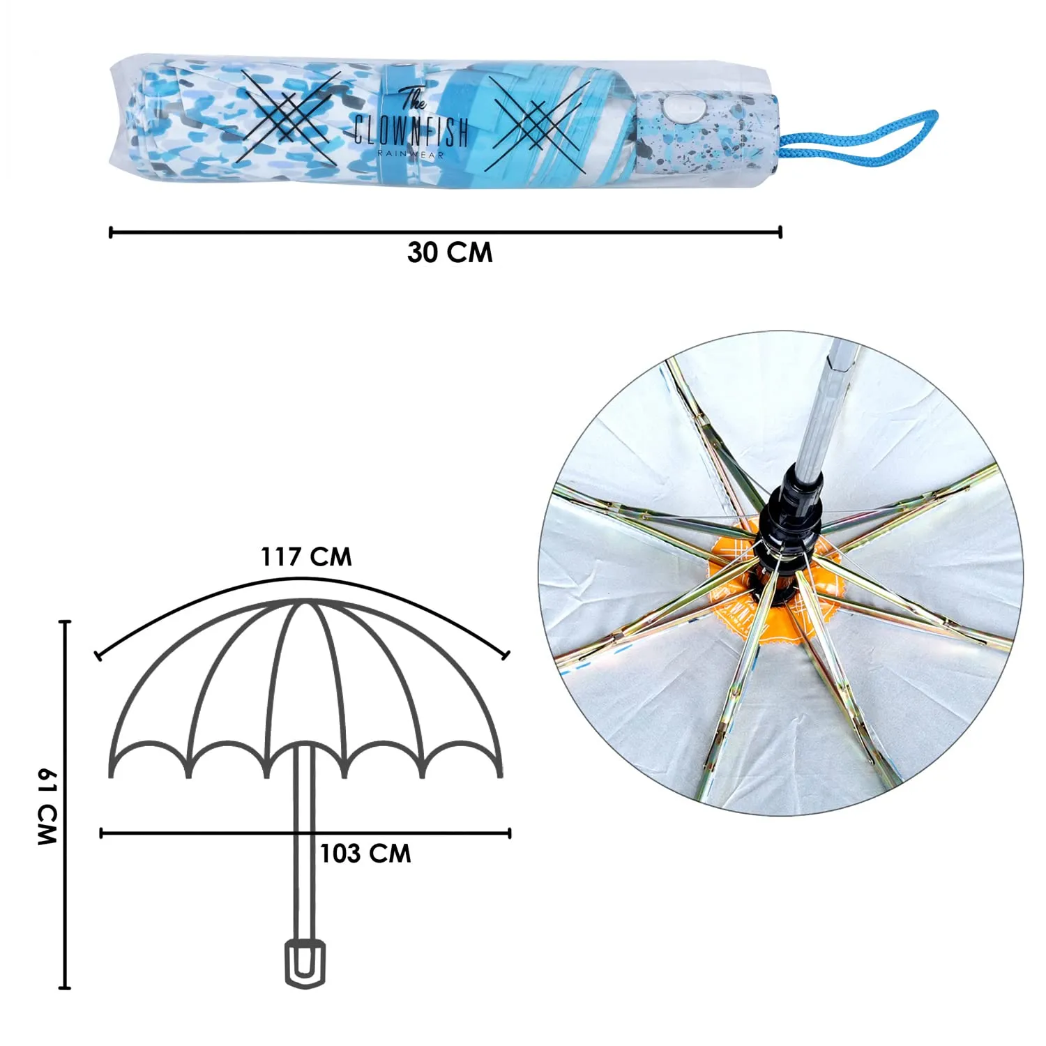 THE CLOWNFISH Umbrella 3 Fold Auto Open Waterproof Pongee Double Coated Silver Lined Umbrellas For Men and Women (Printed Design- Sky Blue)